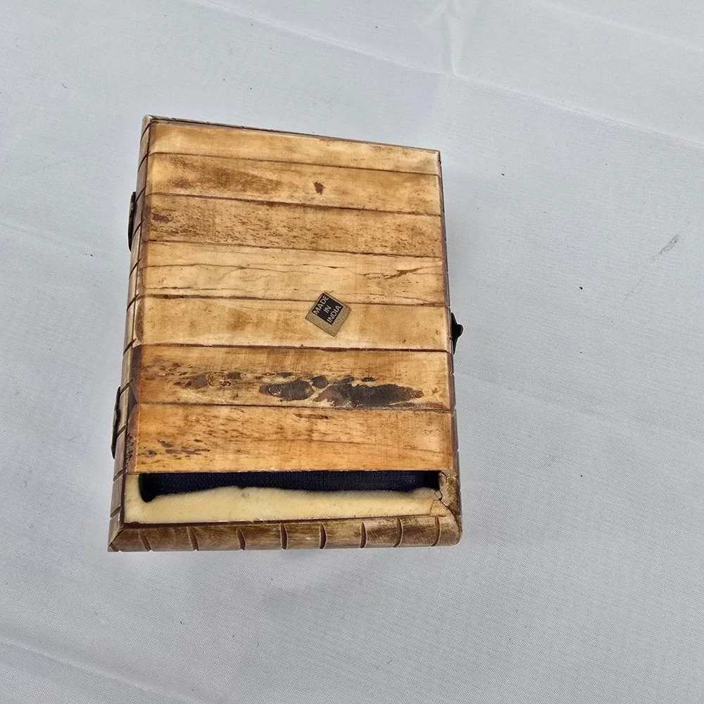 Vintage Camel Bone Trinket Box India Brass Inlay Velvet Lined Jewelry Chest